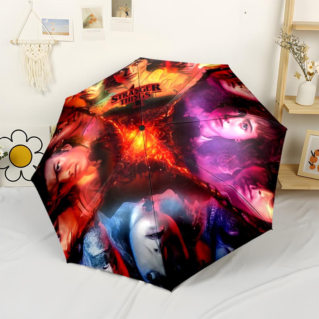 Stranger Things Fiery Faces Compact Travel Automatic Umbrella Compact 8-Rib Design Durable Plastic & Iron for Outdoor Daily Use Elegant Umbrella