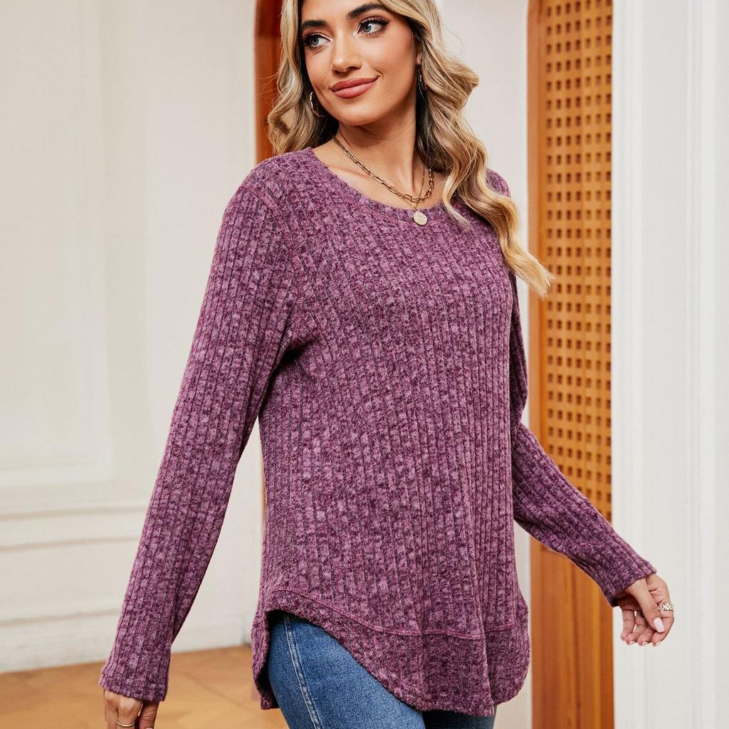 Spring Autumn Solid Top for Women Round Neck Loose Long Sleeve T-shirt