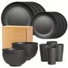 16pcs Wheat Straw Dinnerware Set Reusable Plastic Plates Bowls Cups Microwave Safe Dishware For Home Kitchen Holiday Gift Black Modern Tableware
