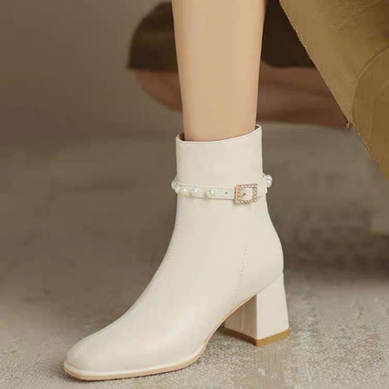 Fashion Boots for Ladies Non-Slip Outdoors Solid Color 2024 New Autumn Winter Women's Ankle Boots Leather Pearl Decoration Boots