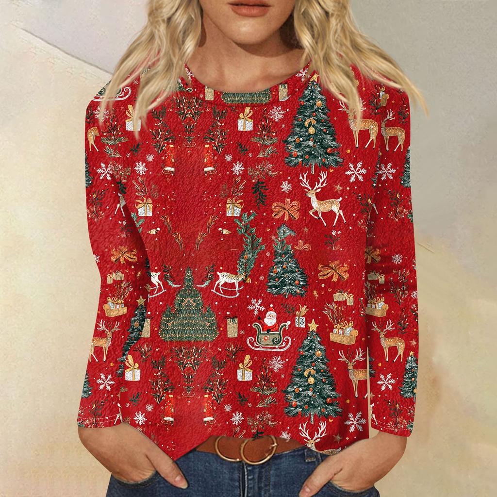 Женская модная повседневная фланелевая футболка с длинным рукавом и круглым вырезом с рождественским принтом