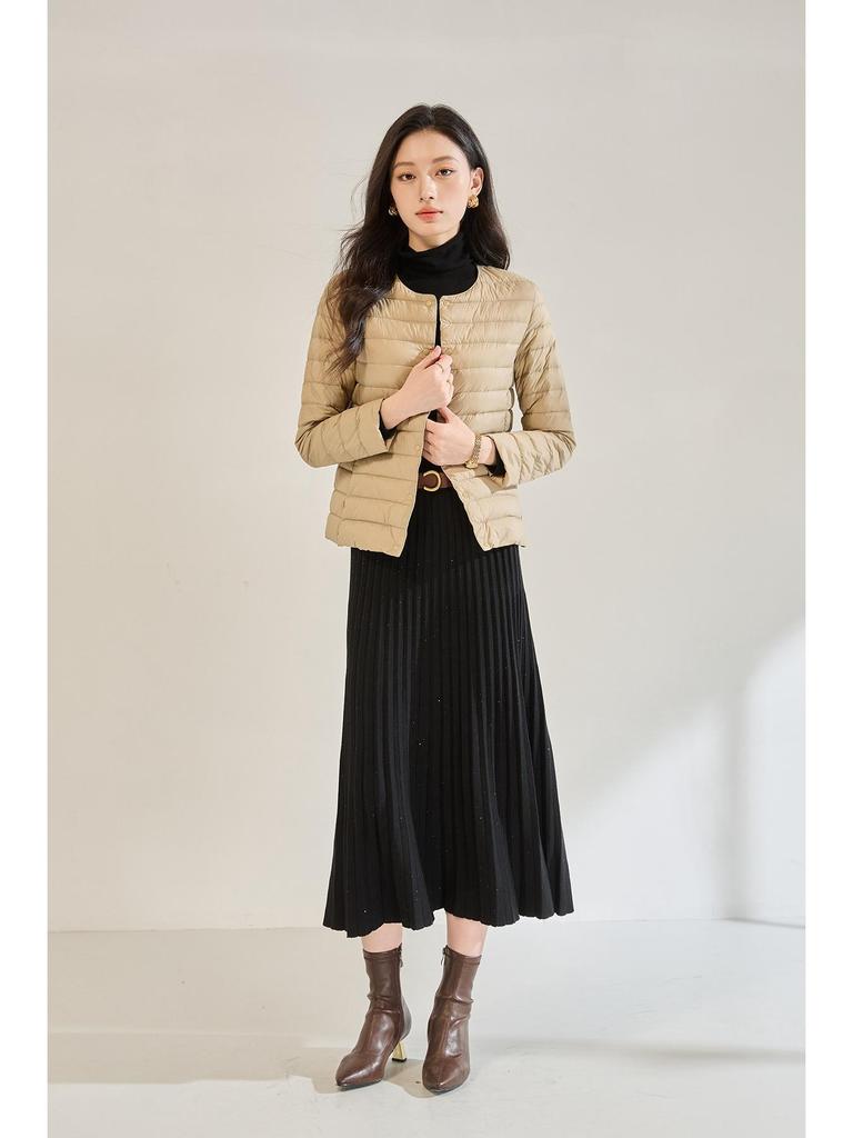 Women's White Duck Down Short Winter Jacket - Lightweight, Warm, Round Neck Inner Lining, Outerwear