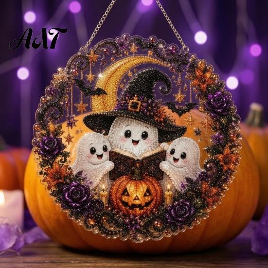 Fun Diamond Painting Activity Sets Halloween Ghost/Owl Art Hanging Ornament Kit, Seasonal Home Decor Suncatcher, DIY Pendant Window Decorative