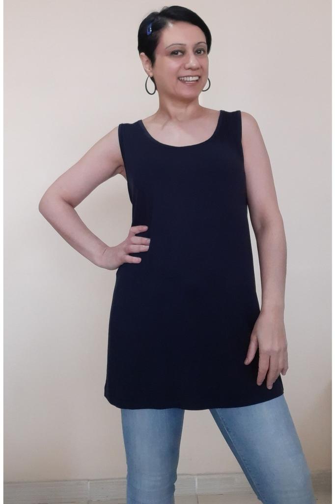 Women's Style Big Size T-Shirt Strappy Navy Blue T-Shirt