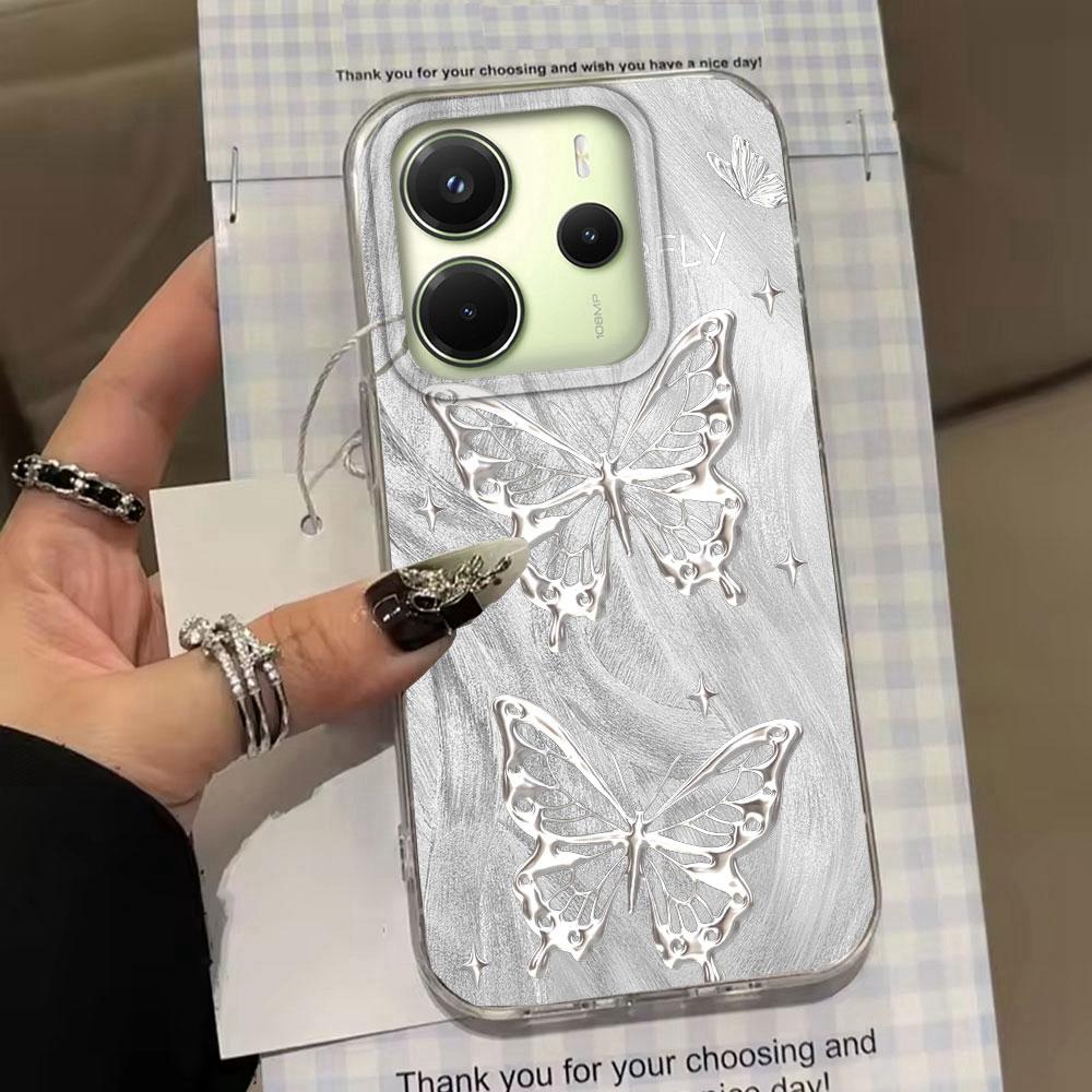 Laser Silver Butterfly Women Girls Phone Case for Xiaomi Redmi Note 14 13 12 11 11S 10 9 8 Pro 9C 13C 14C A5 A3 A4 A3X A1 Cover