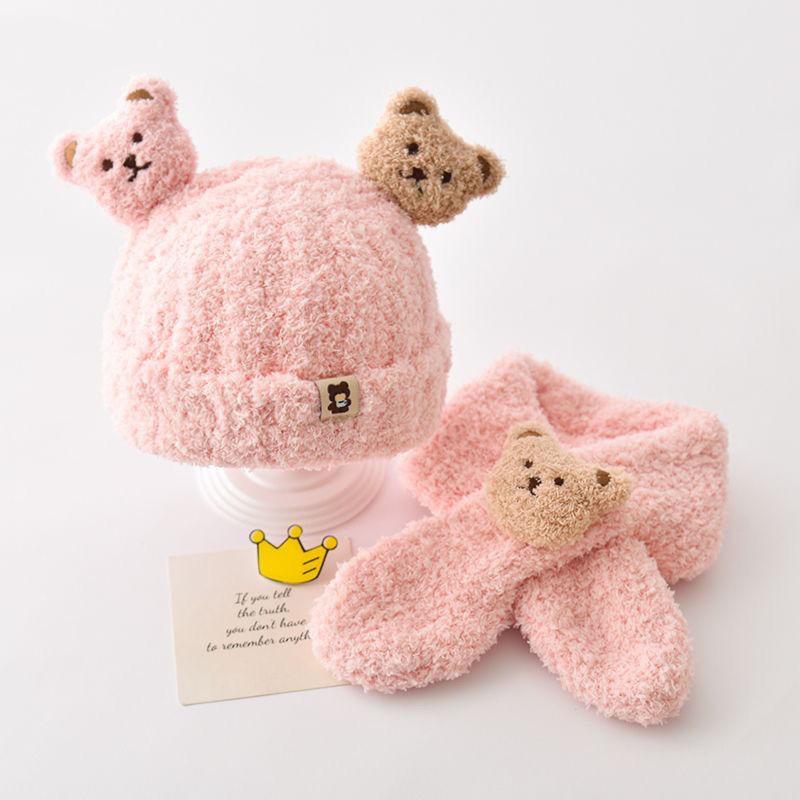 Autumn and Winter Children's Plush Bear Hat Scarf Two-piece Set Plush Warm Scarf Cute Baby Cartoon