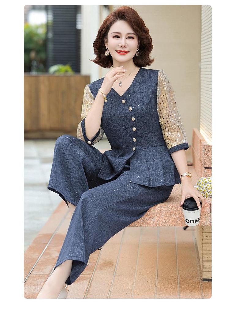 Шикарный летний комплект-двойка: Модный комплект с рукавом средней длины и брюками для женщин среднего возраста