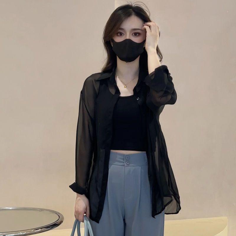 Однотонная свободная рубашка на пуговицах спереди, повседневная прозрачная тонкая рубашка с длинными рукавами на весну и осень, женская одежда