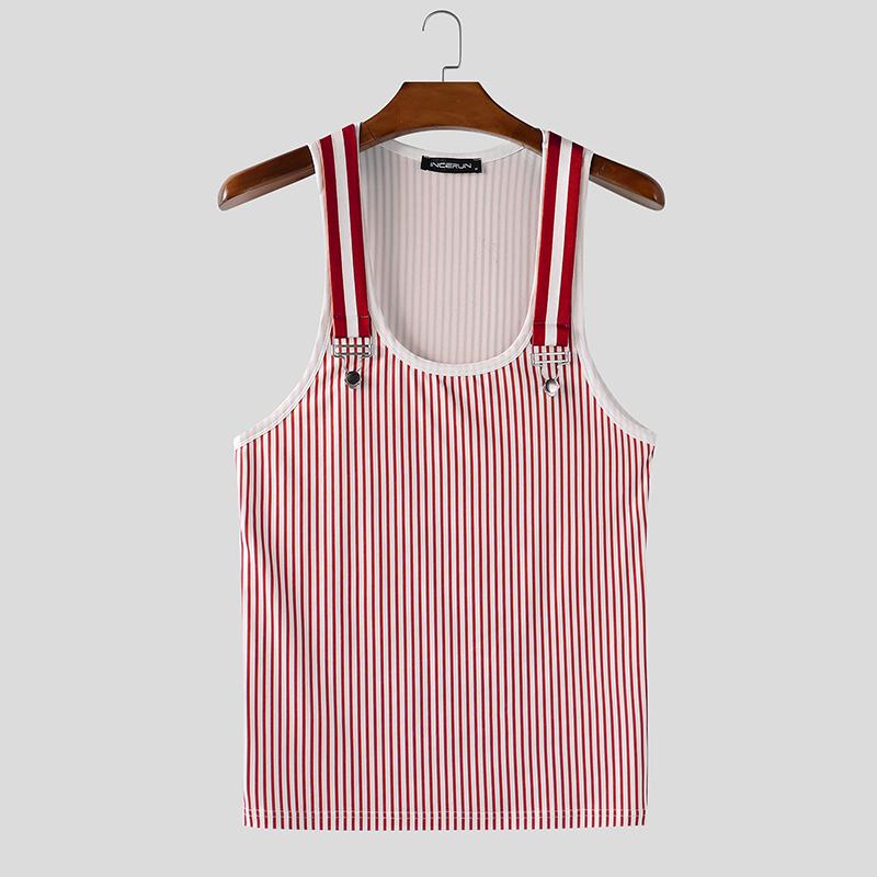 INCERUN Мужские топы-майки без рукавов на бретелях с принтом в полоску, повседневные, приталенные