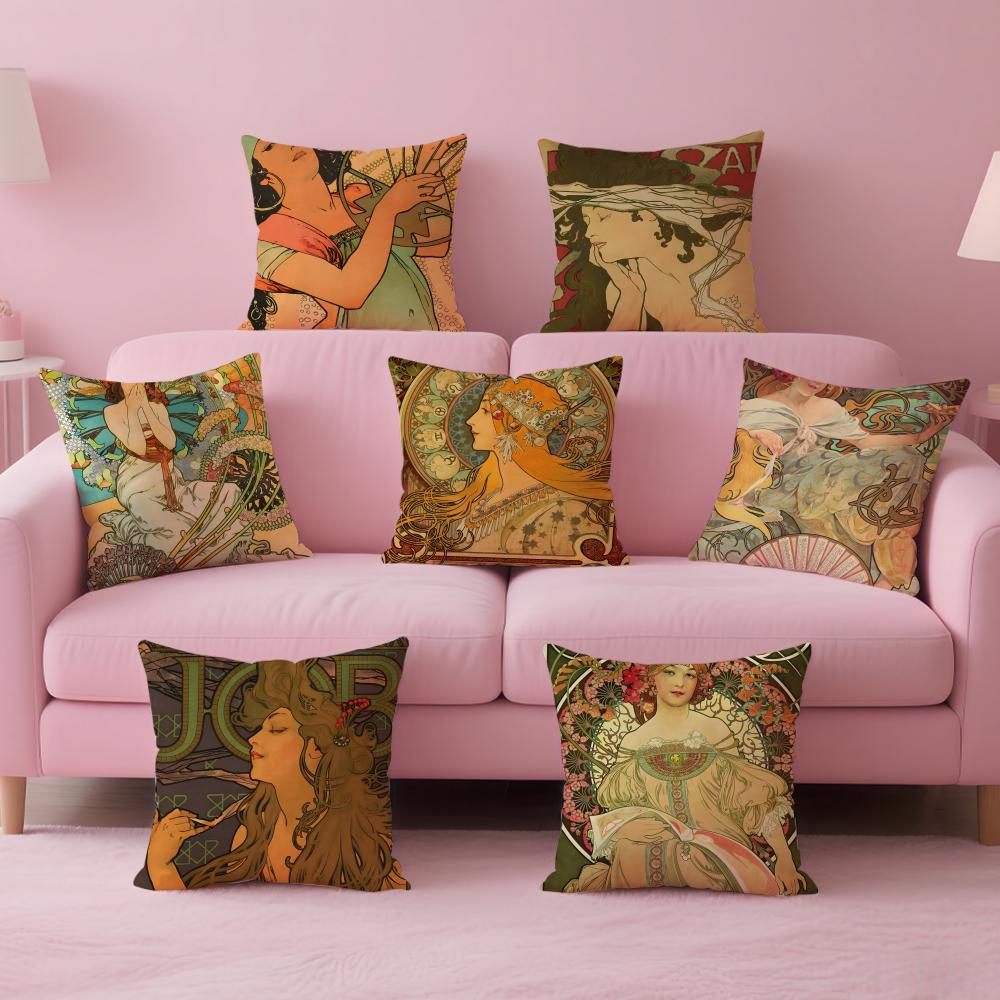 artistic AAlphonse Maria Mucha Cushion Cover Pillow Case Soft Skin Friendly Fabric Comfort Concealed Zipper