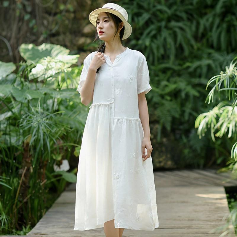 Johnature Женское винтажное платье с v-образным вырезом и коротким рукавом, лоскутное платье с цветочной вышивкой, летнее платье трапециевидной формы в китайском стиле