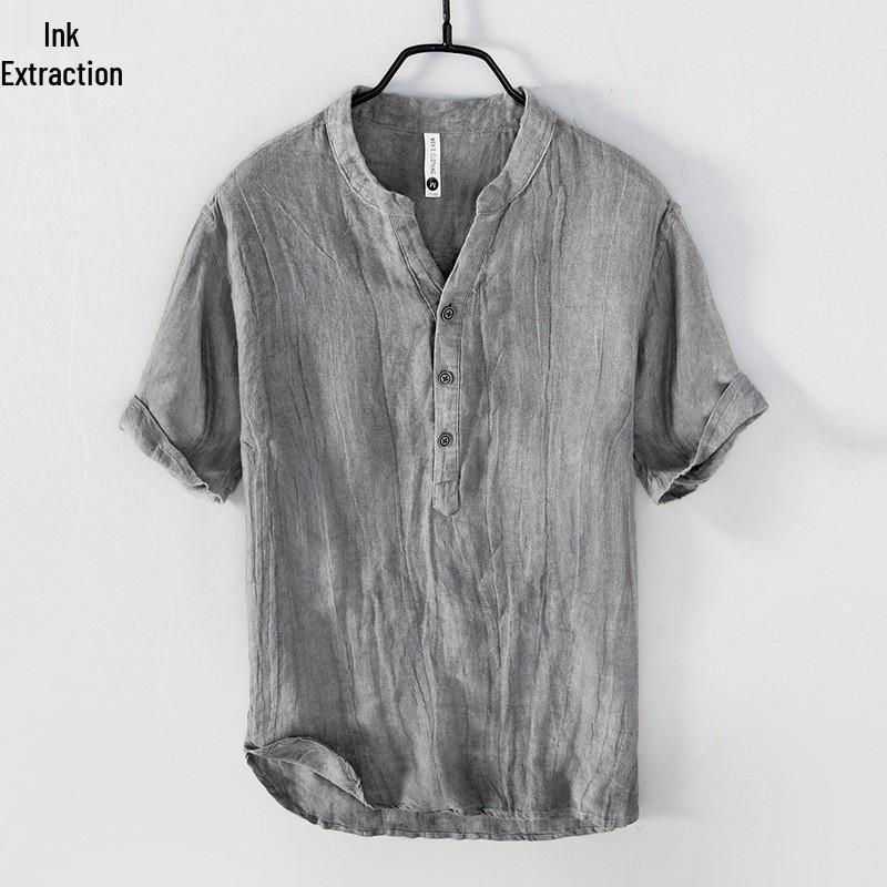 Men's Retro V-Neck Linen Stand Collar Short Sleeve T-Shirt - Plus Size, Thin & Breathable