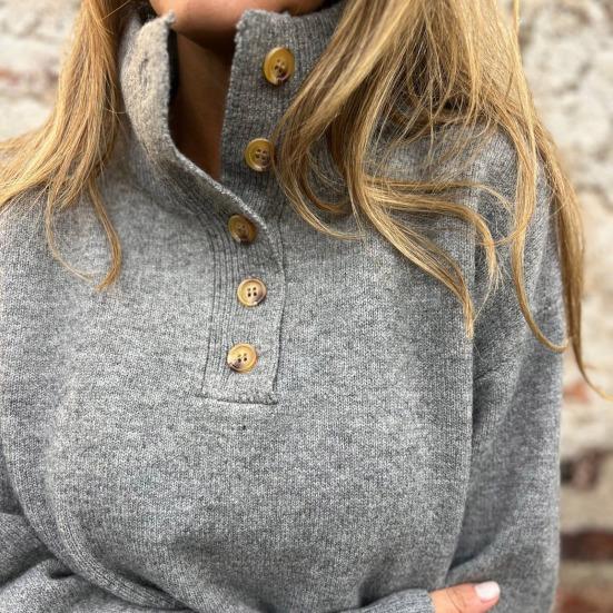 Women Pullover Sweater Stand Collar Buttons Half Placket Long Sleeve Knitting Tops Solid Color Loose Fit Casual Sweater