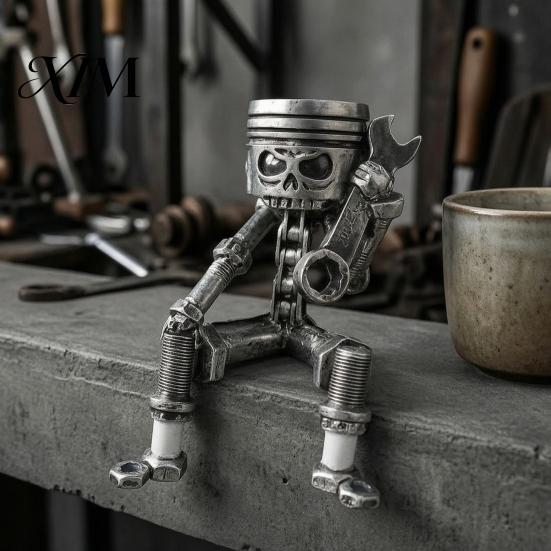 Коллекционная механическая фигурка черепа в стиле киберпанк на шестеренчатом основании, Скелетная статуэтка с поршневой головой, гаечный ключ, Подарок для автолюбителей, гиков
