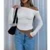 Fashion Slim Fit Skew Collar T-shirts Women Solid Pleated Off-the-Shoulder Crop Tees Tops Casual Elegant White T Shirt  30646