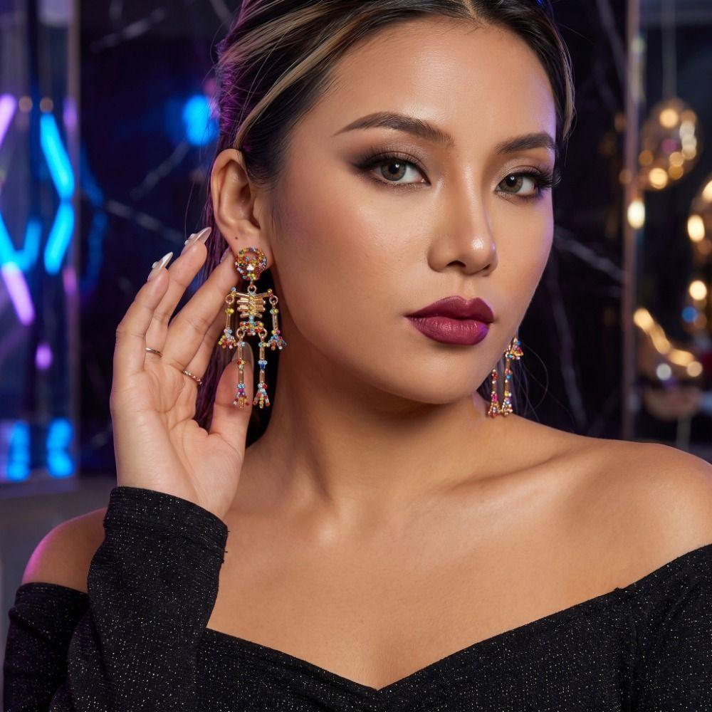 Zircon Pumpkin Ear Studs Rhinestone Long Tassel Drop Earrings Skeleton Dangle Earrings Party
