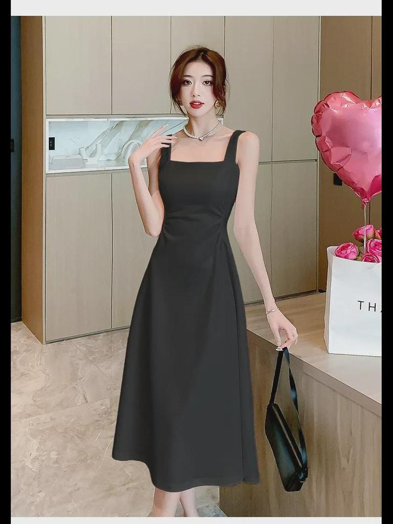 Women's Elegant Black & White French Suspender Dress - Summer/Spring Slim Fit