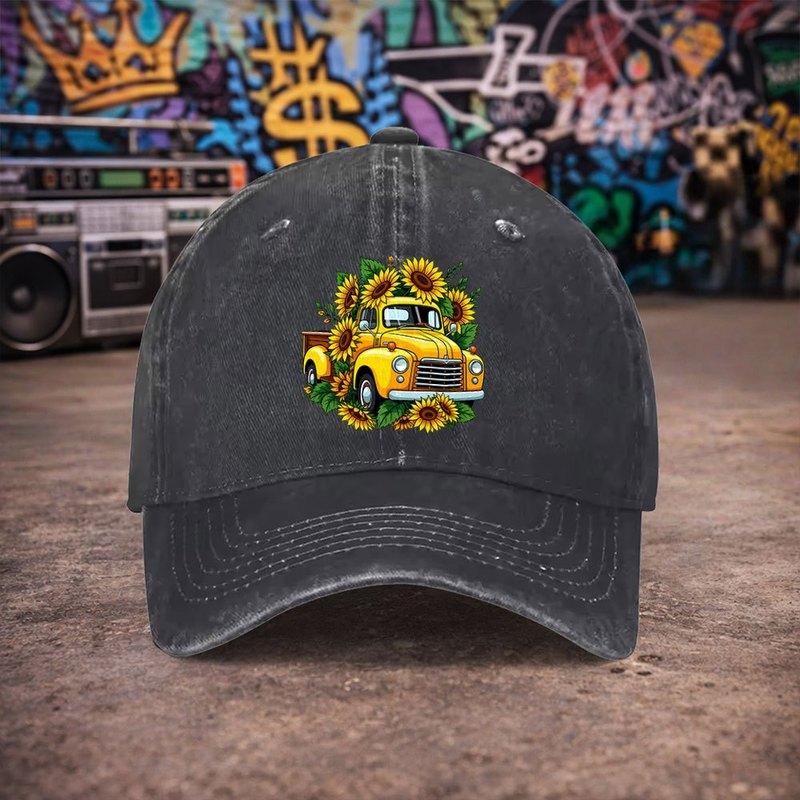 Unisex Sunflower Vintage Truck Washed Baseball Cap Unisexs Duckbill Hat Fun Print Birthday Gift for Dad or Grandpa