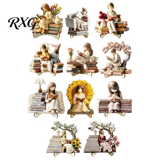 Minimalist Shelf Decor Sculpture Wooden Reading Girl Figurine, Stable Pastoral Style Statue Desktop Base Craft Decor, Artistic Healing Ornament,