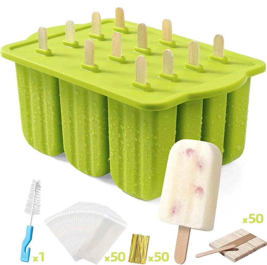 Silicone Ice Lolly Mould Tools with 50 Ice Cream Sticks and Packaging Bag DIY Ice Cream Maker Can Make 12pcs Ice Cream At Once
