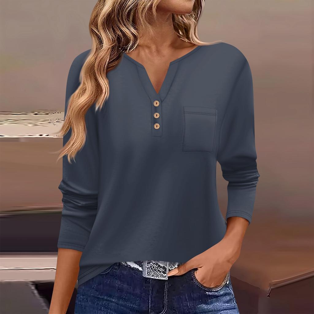 Women's T Shirt Tee Button Long Sleeve Daily Weekend Fashion Basic V- Neck Regular Top With Pocket