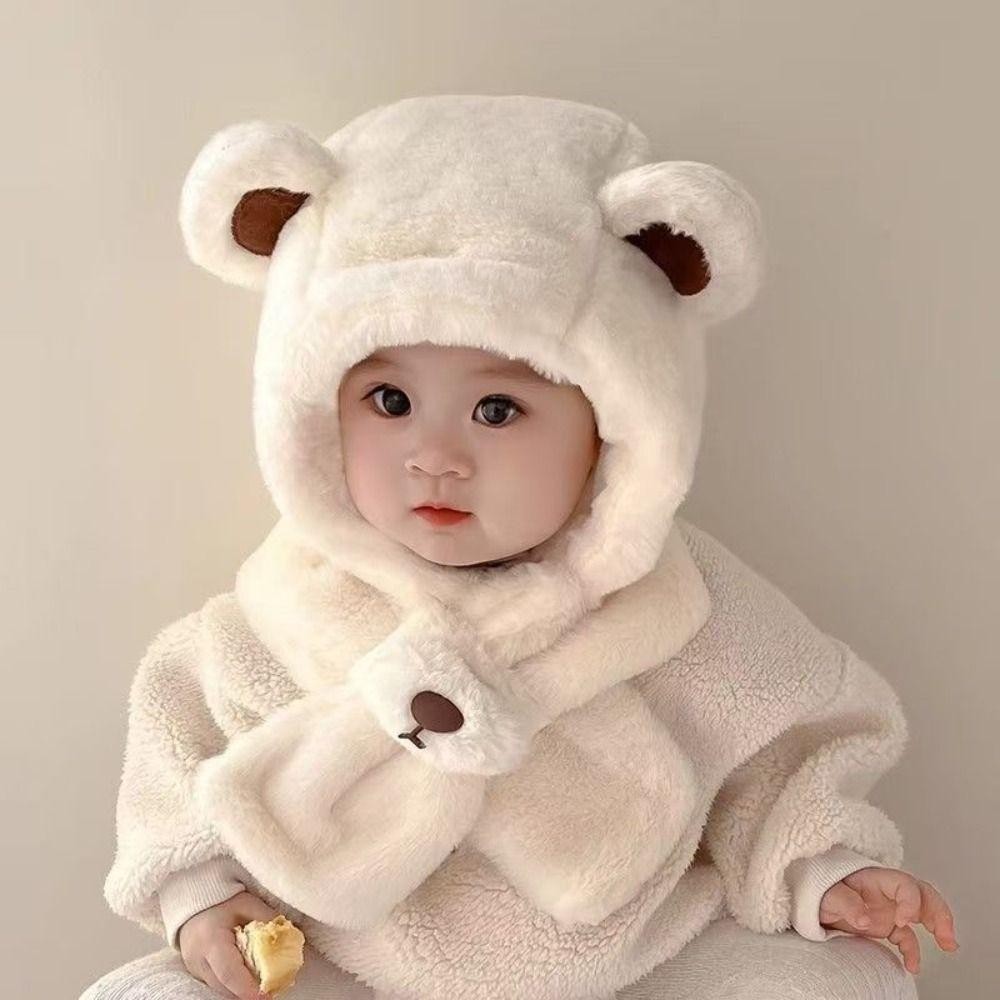 Plush Winter Baby Hat Scarf One-Piece Infant Beanies Cap Cute Kids Hat Hooded Scarf
