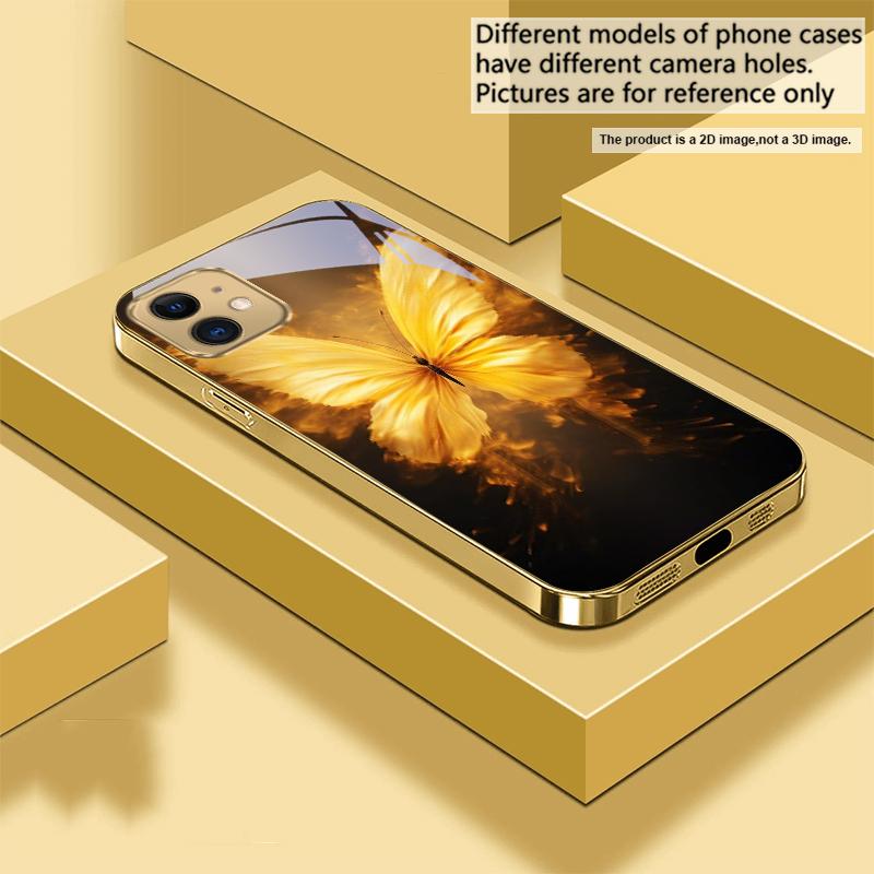 Теплый пламенный бабочка для iPhone 17Pro Max 16 17 Pro 15 Pro 14 13 Plus 12 Mini 11Pro Max XR 16E 17Air Золотой стеклянный чехол для телефона