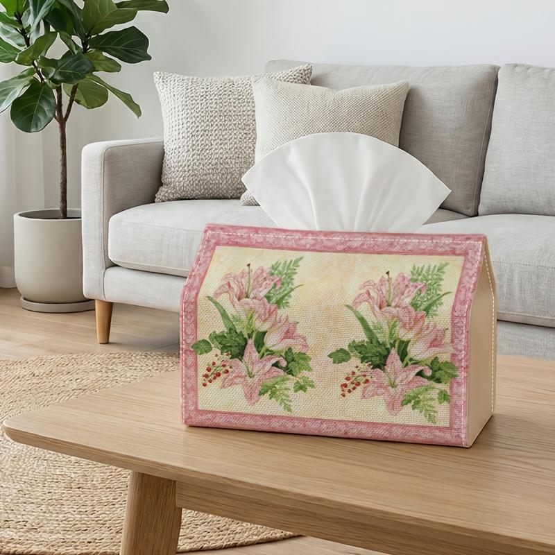 1pc Featuring Two Arrangements of Pink Lilies Set Against a Light Backdrop with a Pink Trim. This Tissue Box Serves As a Decorative Dispenser, Sturdy