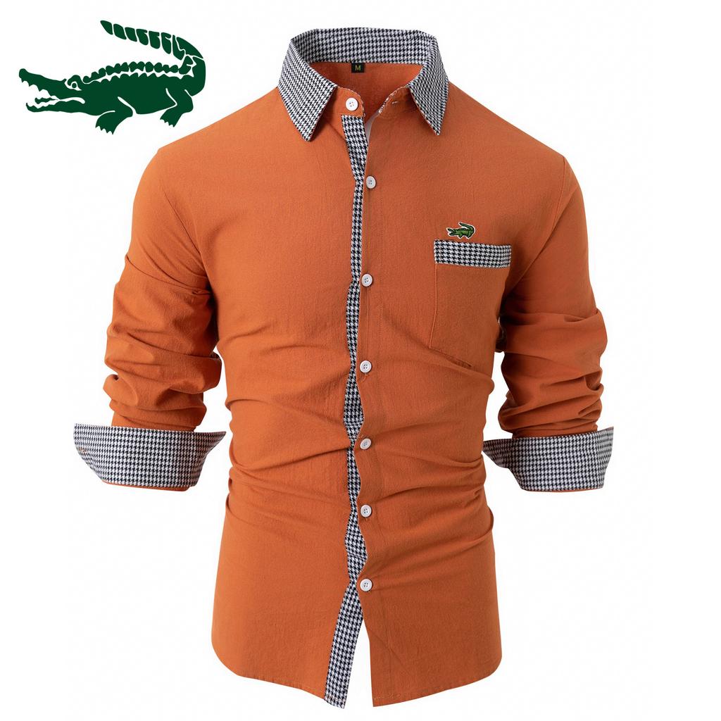 2024 Новая мужская рубашка из хлопка и льна в клетку в стиле пэчворк, мужская повседневная рубашка с длинными рукавами и вышивкой