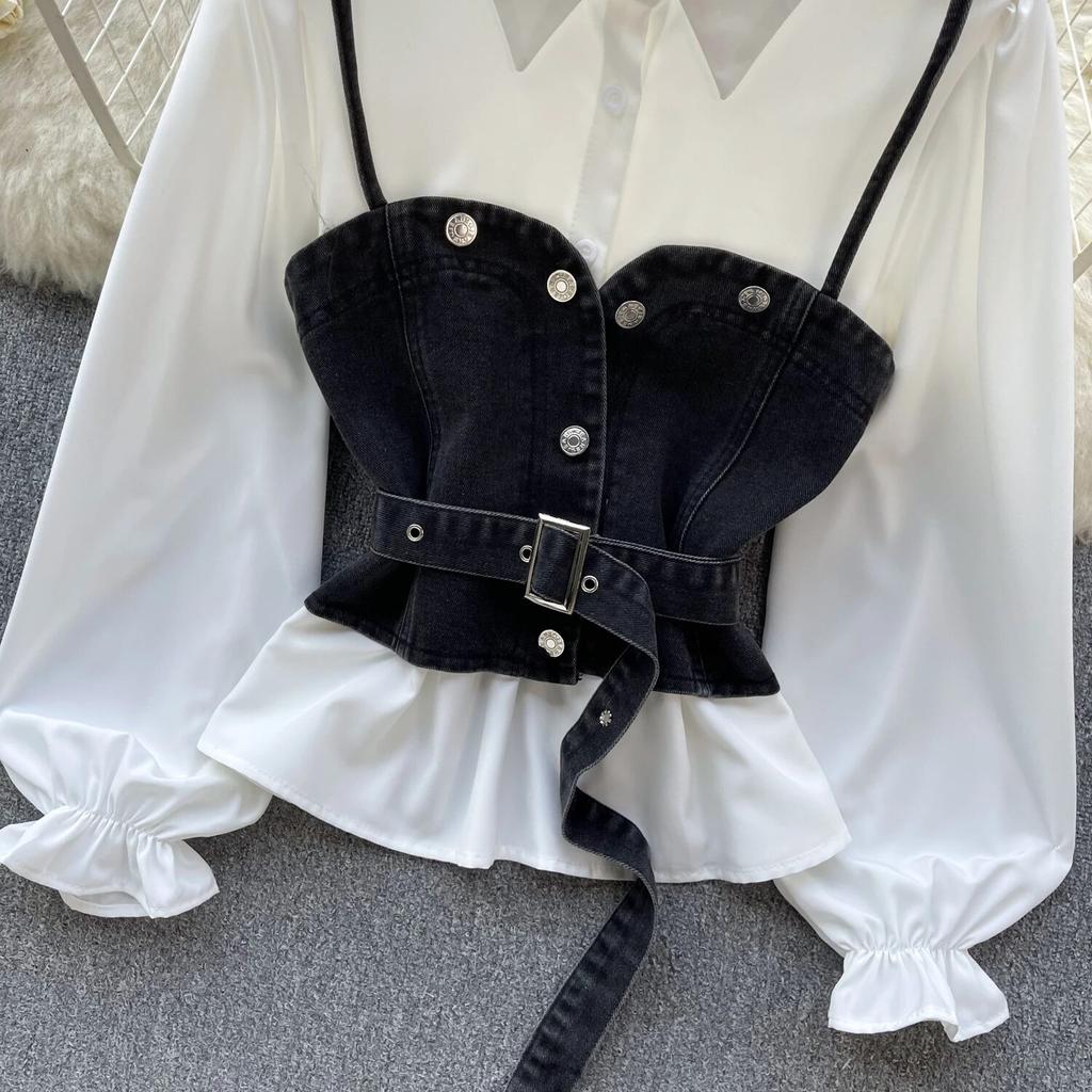 Korean Series Wear Age-Reducing Set Retro Denim Cami Stacked All-Matching Puff Sleeve Shirts Two-piece Set Top