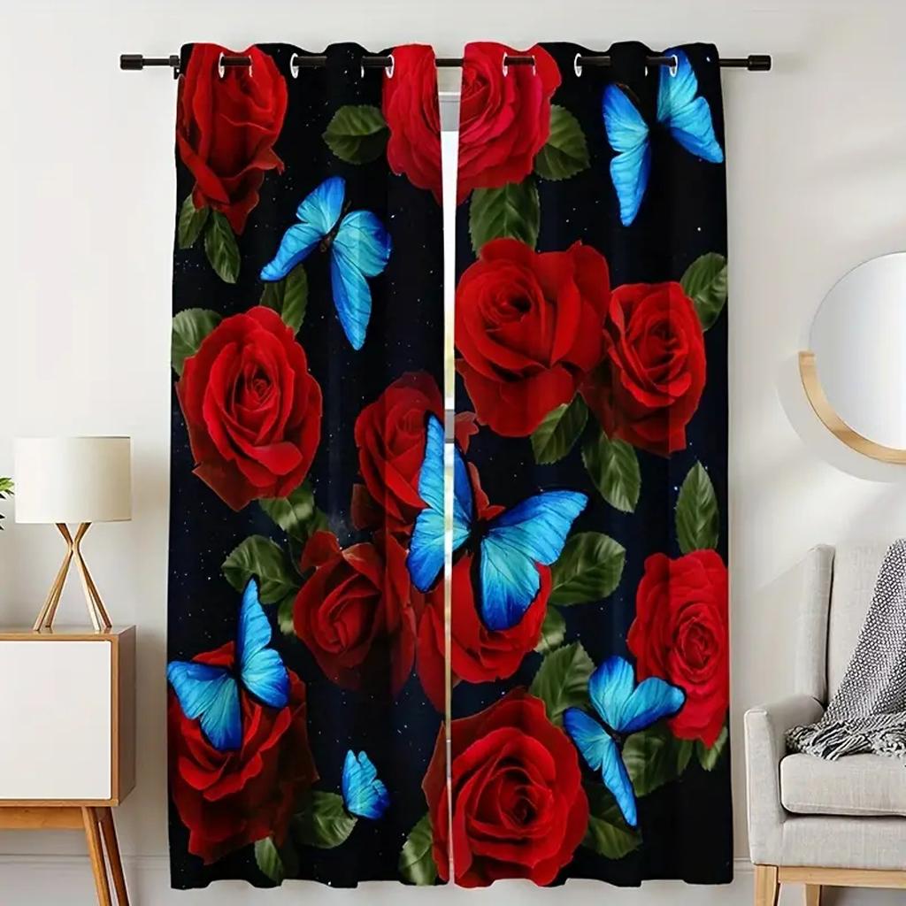 New Modern Style Butterfly Rose 3D Digital Printed Thin Curtain for Boys Girls Room Bedroom Window Curtain 2 Pieces Rod Pocket