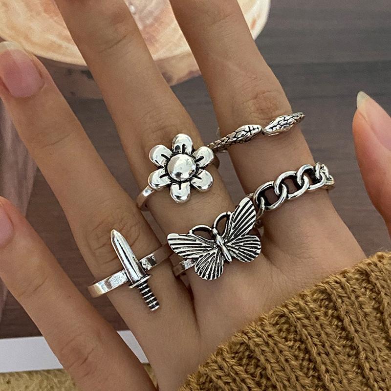 5 шт. набор простой нишевый дизайн бабочка кинжал змея кольцо мода открытие любовь сердце палец кольцо женские модные ювелирные изделия