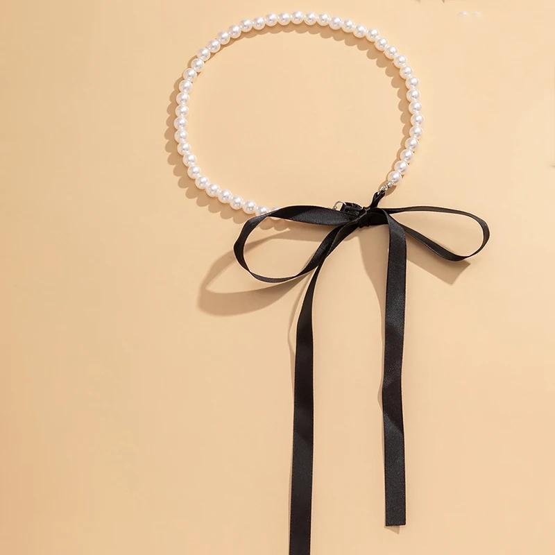 Trend Wedding Party Jewelry Long Black Ribbon Choker Necklace for Women Elegant White Imitation Pearl Beach Vacation Necklaces