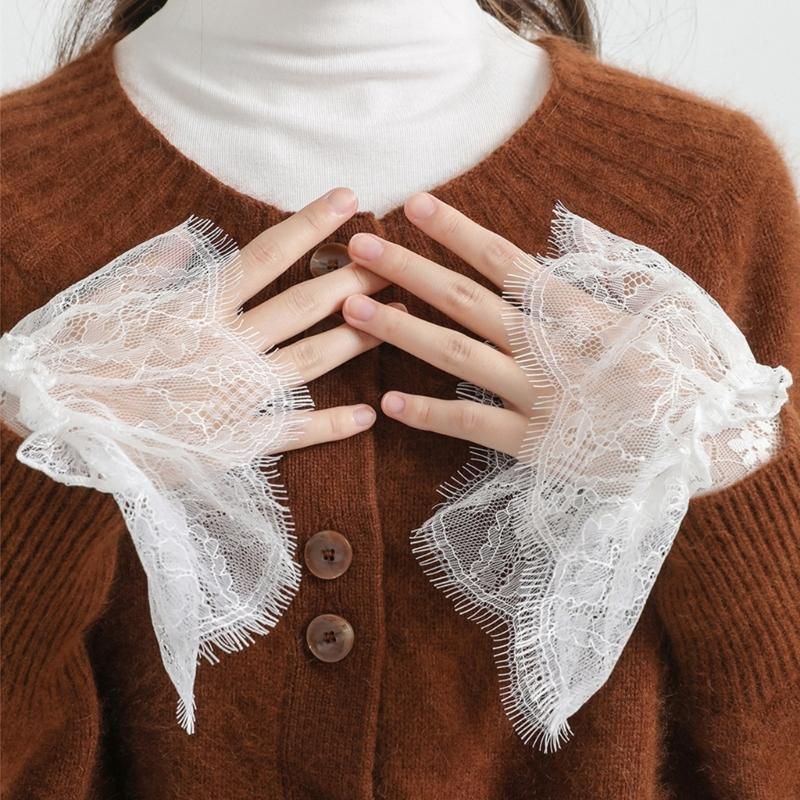 2Pairs Elegant Arm Sleeves With Lace Flower Elastic Wrist Cuffs Extension Faux Sleeves For Office Women Dress Enhancer