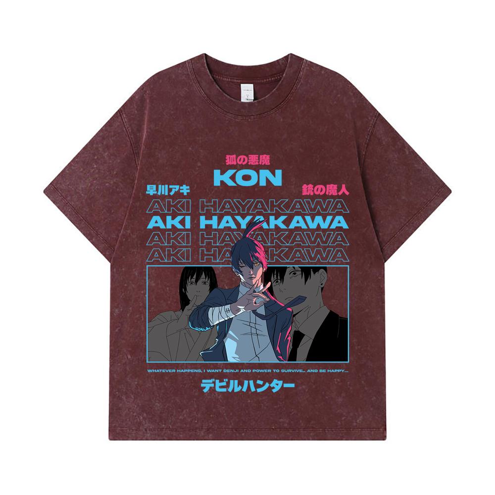 275 GSM Washed T-shirts 100% Cotton Chainsaw Man V38 Aki Print Unisex Heavy Cotton T Shirt