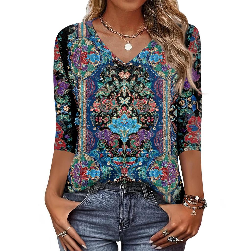 Women's T Shirt Print 3/4 Sleeve Daily Weekend Fashion Basic V- Neck Regular Top