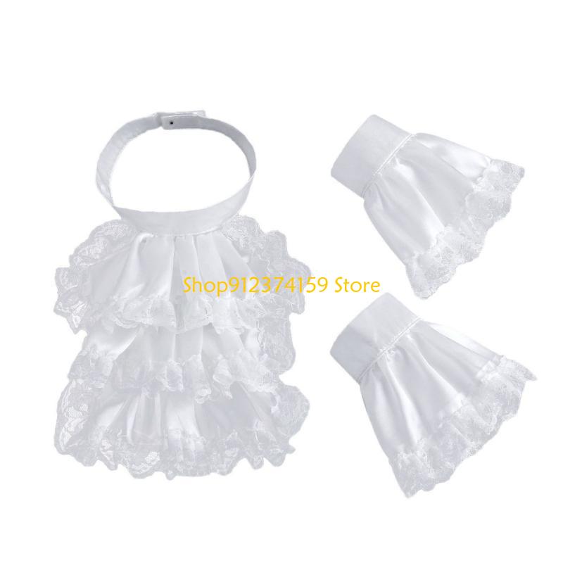 G5AE Victorian Colonial Jabot Set Ruffled Lace Necktie Collar with Wrist Cuffs Set