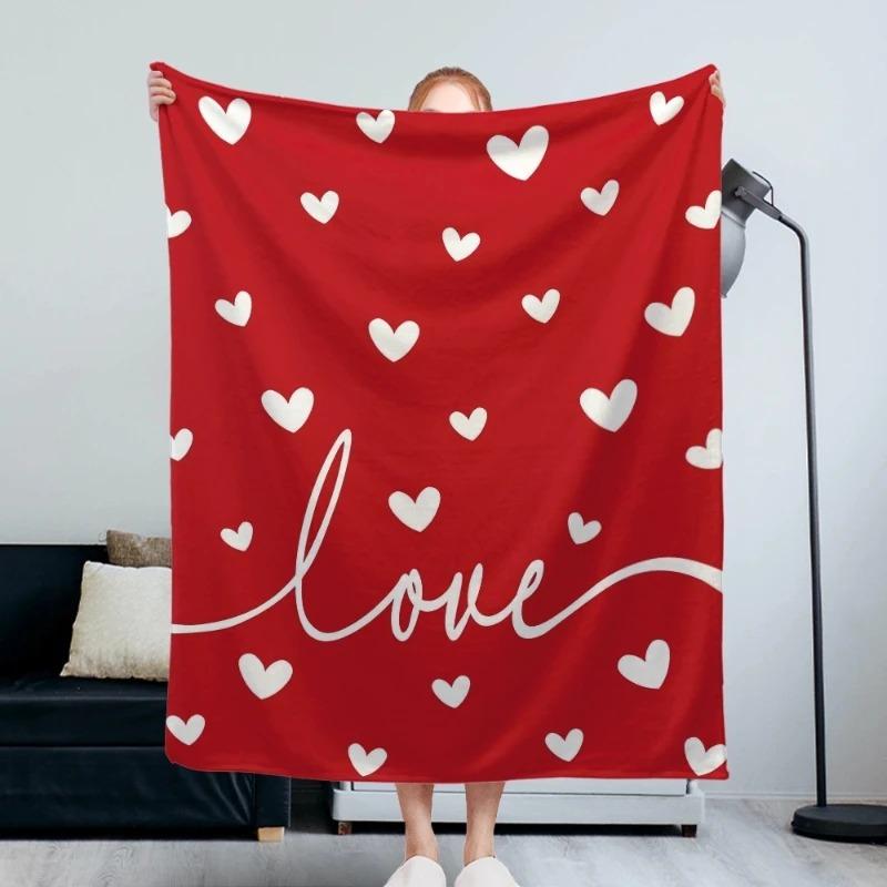 Red Love Heart Pattern Fashion Blanket Cozy Soft Flannel Throw Fashion Blanket for Couch Bed Living Room Home Decor Gift for Valentine's Day