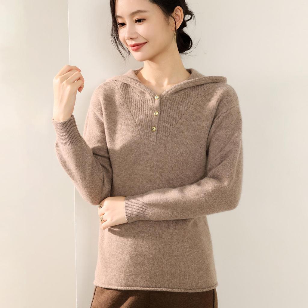 Women's 100% Pure Wool Half-Zip Hooded Sweater with Gold Buttons - New Autumn/Winter Fashion