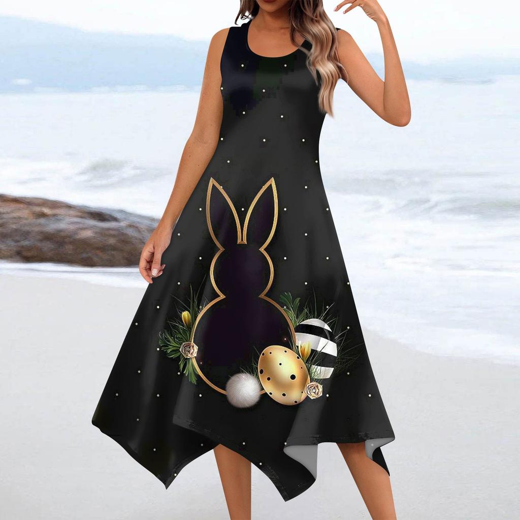 Women's Casual Fashion Round Neck Sleeveless Print Irregular Hem Midi Dress