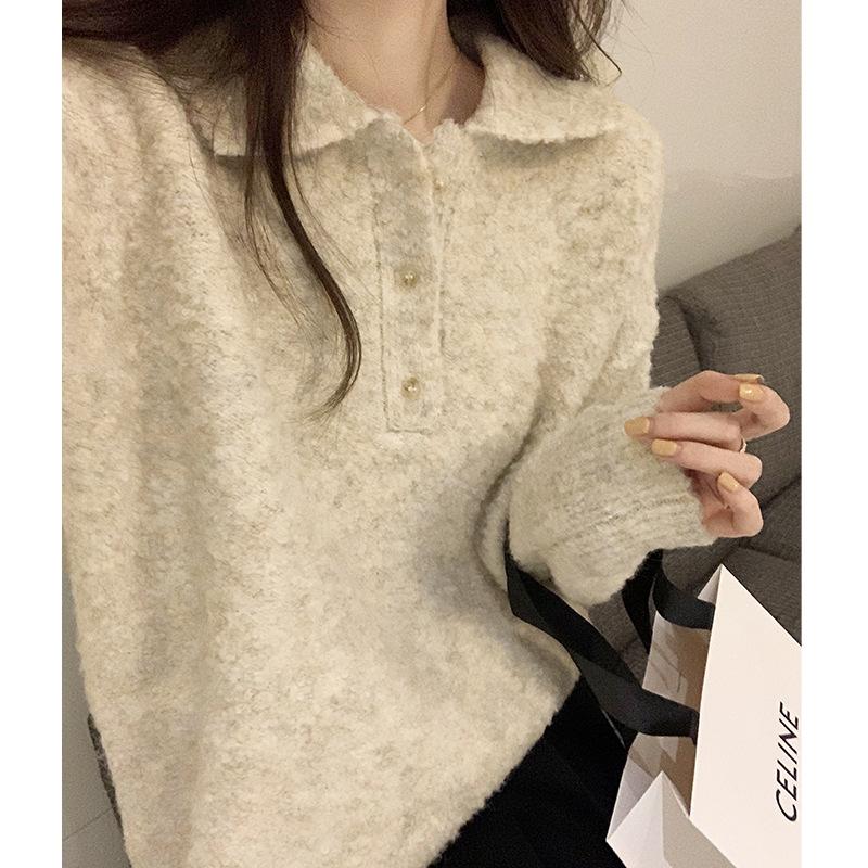 Мягкий и вощеный однотонный свитер с воротником поло для женщин на осень и зиму, новый тонкий, свободный, универсальный, теплый, ленивый свитер