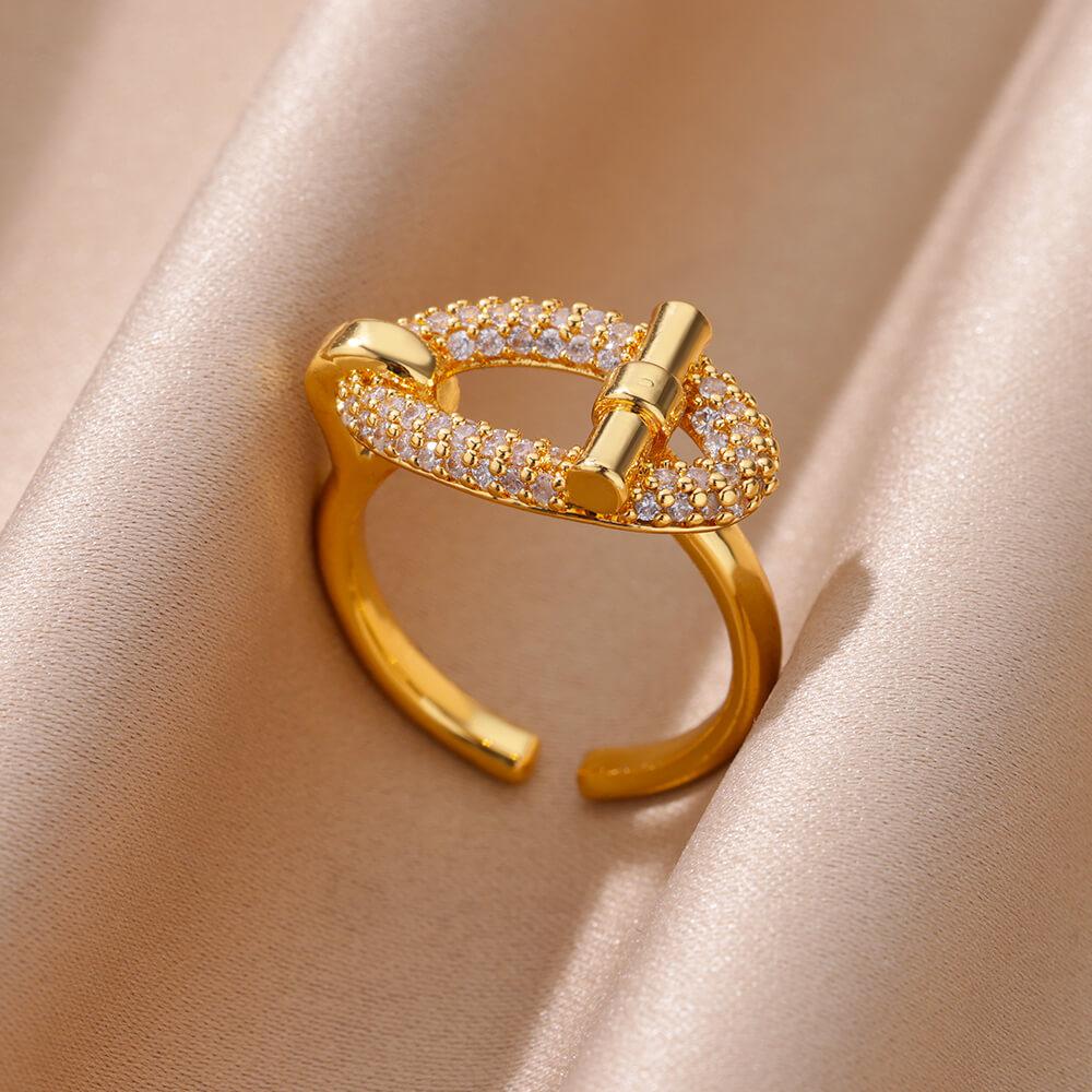 Stainless Steel Oval Hollow Zircon Open Rings For Women Gold Color Trendy Wedding Aesthetic Ring Summer Jewelry Accessories BFF
