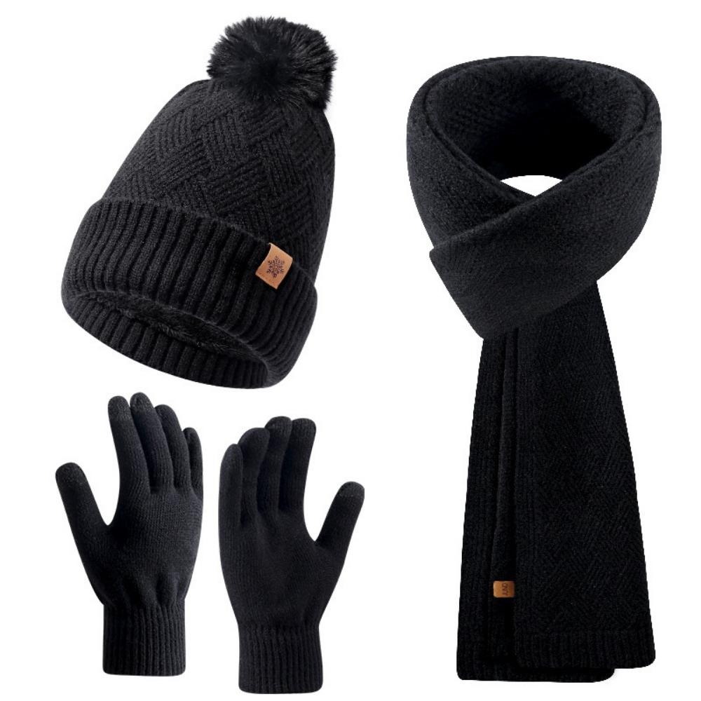 3pcs Wool Hat Scarf Gloves Set Solid Color Winter Beanie Hat Neck Warmer Thermal Knit Cap Winter