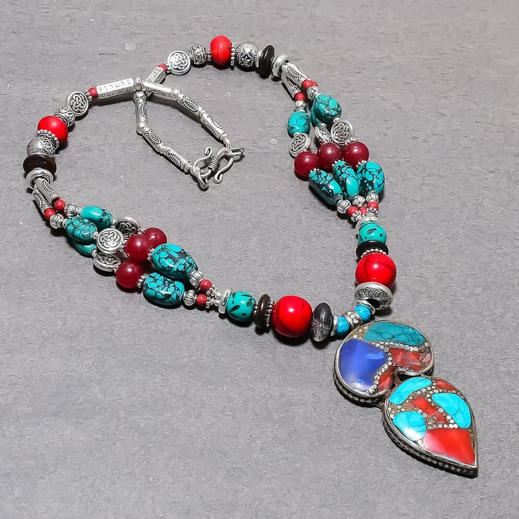 Coral Turquoise Lapis lazuli Necklace Cabochon Beaded Vintage Jewelry 18" NA 848