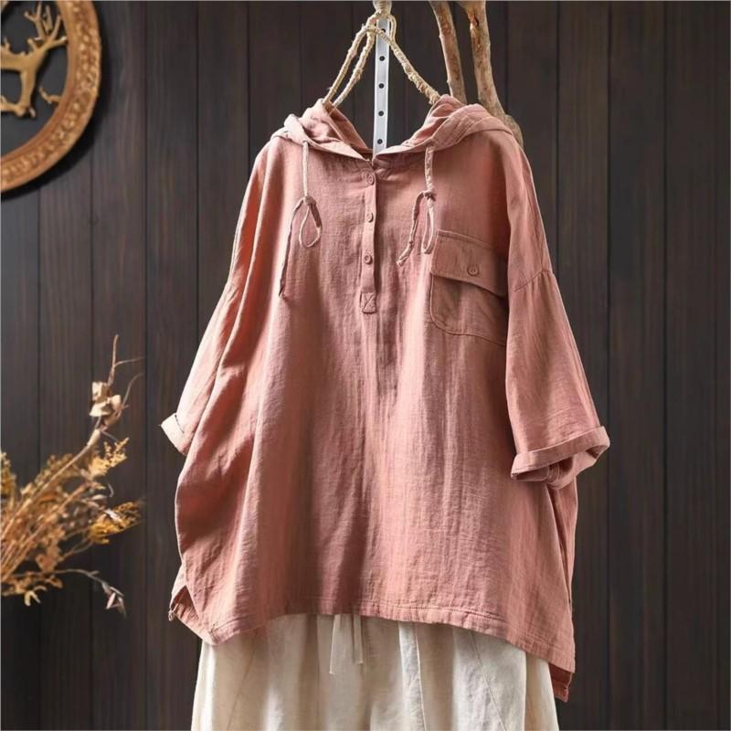 Johnature Women Casual Hooded T-Shirts Solid Color Short Sleeve Summer Pockets Soft Button Female T-Shirts