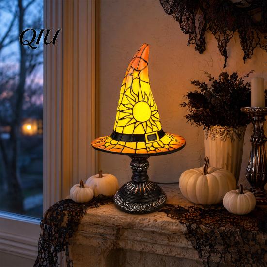 Halloween Desk Decor Stained Glass Witch Hat Lamp, Table Lamp with Inline Switch, USB Powered Small Bookshelf Accent Light Style for Bedroom