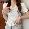 Женская модная повседневная футболка с коротким рукавом и V-образным вырезом и топ
