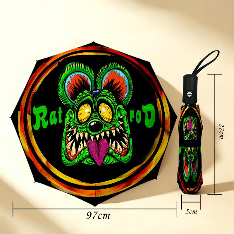 Rat Rod Art 8 Ribs 3Fold Black Glue Uv Protection Umbrella Sun Protection Rainproof Compact Folding Umbrella For Travel Daily Use C923322