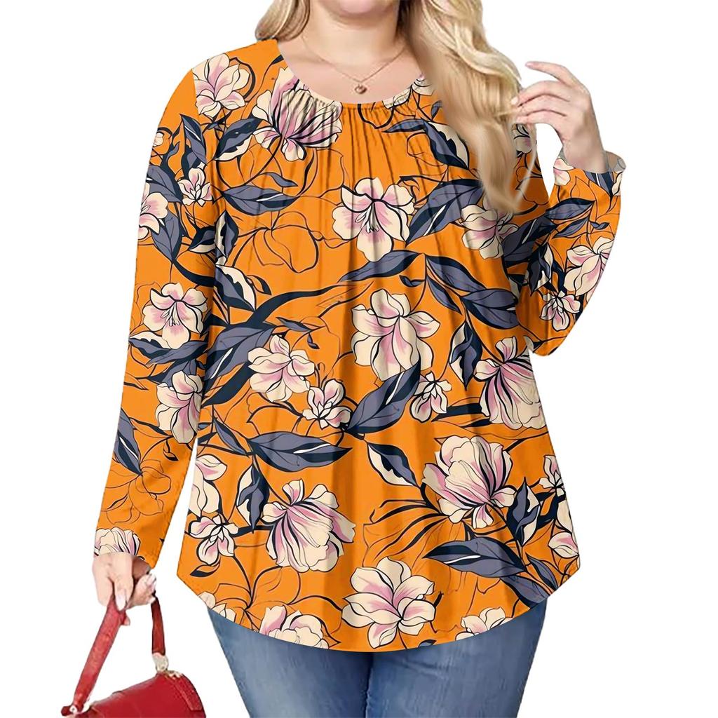Women's Plus Size Fashion Printed Casual Pleated Round Neck Long Sleeve Top