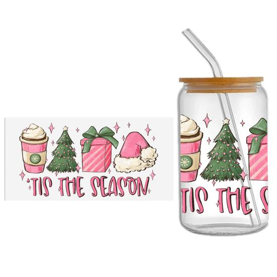 Наклейка на чашку Рождественская елка Санта-Клаус Водонепроницаемая самоклеящаяся Отличная липкость Противоскользящая прозрачная печать Кофейная чашка УФ DTF наклейка